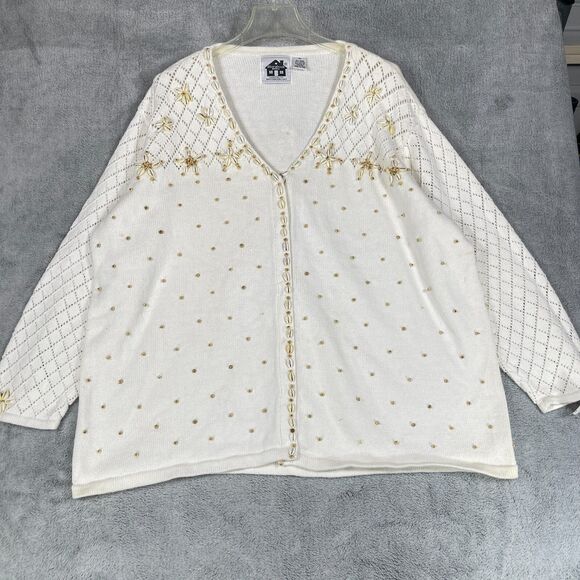 Storybook Knits Cardigan Sweater Women's 3X Beige Seashells Long Sleeve V-Neck - Picture 1 of 16